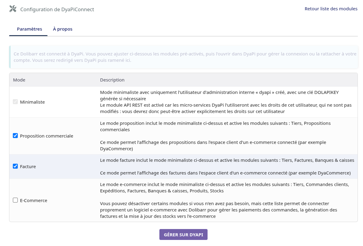 Page de configuration de DyaPiConnect dans Dolibarr